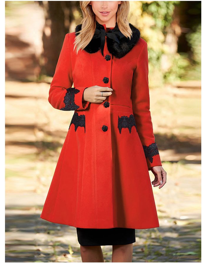 Winter New Woolen Coat Detachable Black Artificial Fur Collar Single Breasted Lace Stitching Women Elegant Long Coat